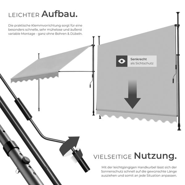 Klemmmarkise mit einfachem Aufbau durch Klemmvorrichtung und vielseitiger Nutzung als senkrechter Sichtschutz mit Handkurbel.