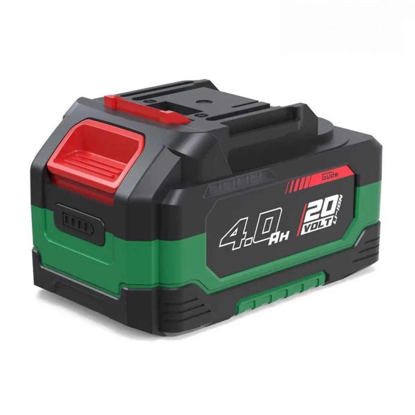 Güde Akku-Pack 20 Volt 4,0 Amperestunden Lithium-Ionen für Elektrowerkzeuge, Gehäuse aus schwarzem und grünem Kunststoff.