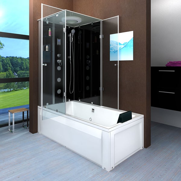 Moderne Badewannen-Dusch-Kombination mit Whirlpool-Funktion, Massage-Düsen, Glasabtrennung und Handbrause in einem hellen Badezimmer.