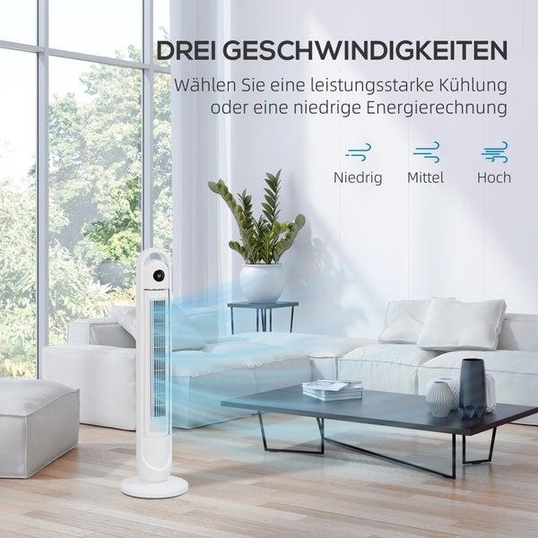 HOMCOM Turmventilator, Standventilator mit 3 Belüftungsstufen, Fernbedienung, 55W Ventilator mit 24H Timer, LCD-Anzeige, 60° Oszillation, für Schlafzimmer, Weiß