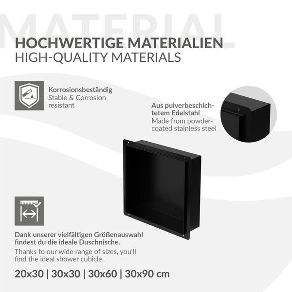 Schwarze Duschnische aus pulverbeschichtetem Edelstahl, korrosionsbeständig und stabil, erhältlich in verschiedenen Größen wie 20 mal 30 Zentimeter.