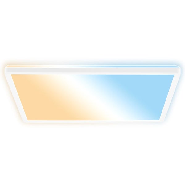Quadratisches LED-Panel für Badezimmer mit IP44 Schutzart, einstellbarer Farbtemperatur, dimmbar über Fernbedienung und Hintergrundbeleuchtung.