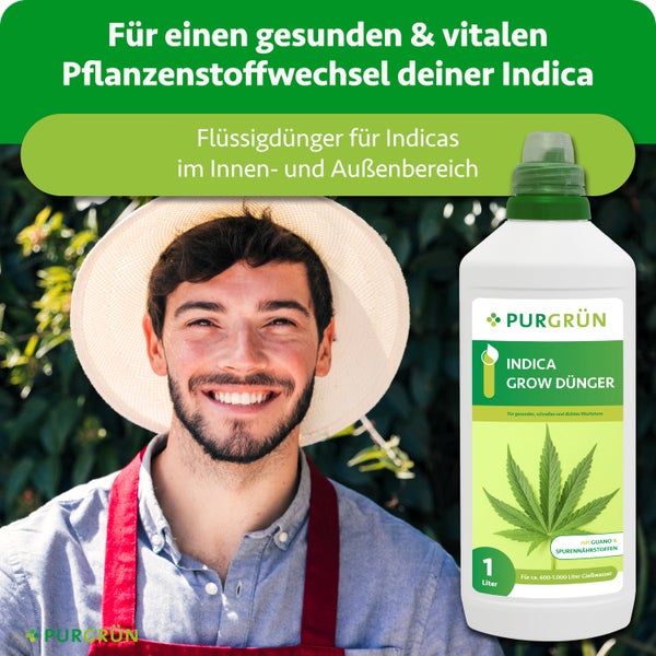 Purgrün Indica Grow Flüssigdünger, ein Liter Flasche mit Guano und Spurennährstoffen, neben einem lächelnden Gärtner mit Strohhut.