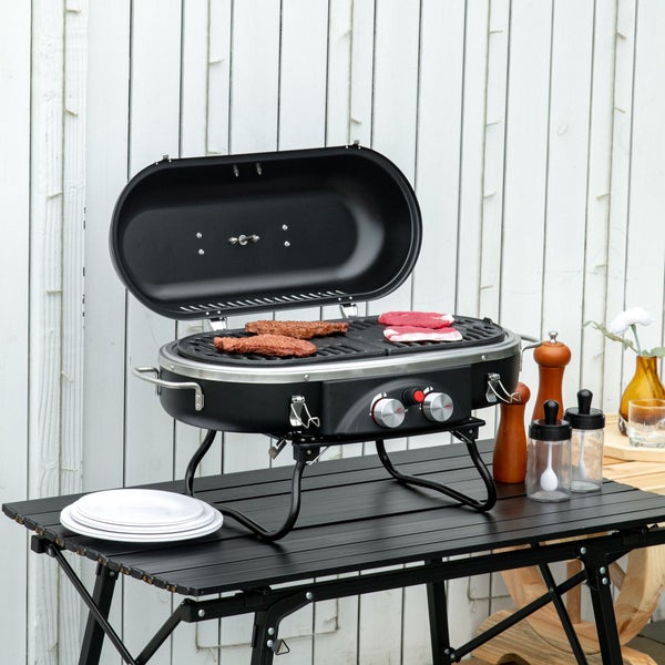 Outsunny Gasgrill 2,34 KW Klappbar BBQ Gartengrill inkl 2 Edelstahl-Brenner Druckminderer Gasschlauch Deckel Thermometer, 2 Heizzonen, Camping-Grill für Balkon, 66 x 34,5 x 37 cm