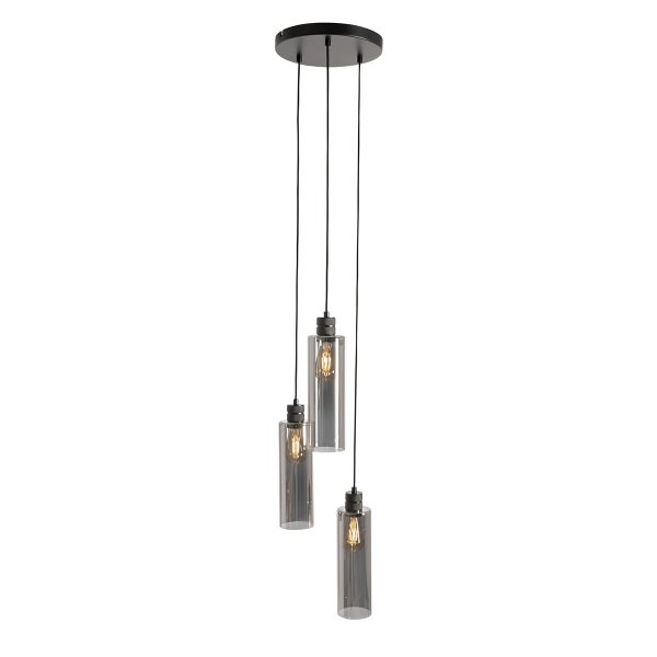 Dreiflammige Pendelleuchte mit zylindrischen Schirmen aus Rauchglas und schwarzer Deckenhalterung.