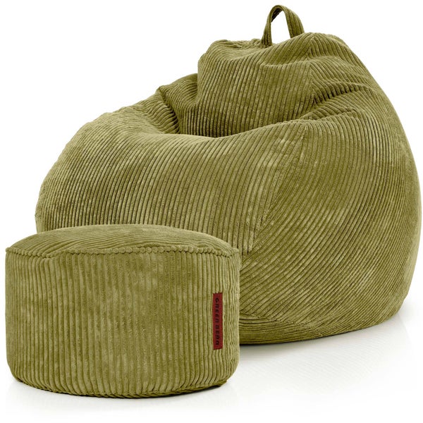 Green Bean© 2er Set Indoor XXL Sitzsack + Pouf mit EPS-Perlen Füllung - Fußhocker Fußkissen Hocker Bodenkissen Liegekissen Sitzkissen Lounge Chair - Grün