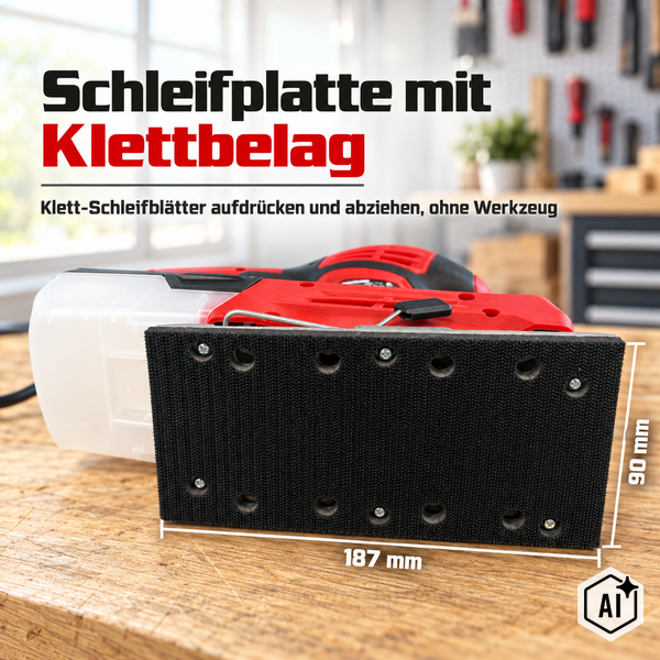 Schleifplatte mit Klettbelag für Schwingschleifer mit Abmessungen 187 mm mal 90 mm zur Befestigung von Schleifpapier ohne Werkzeug