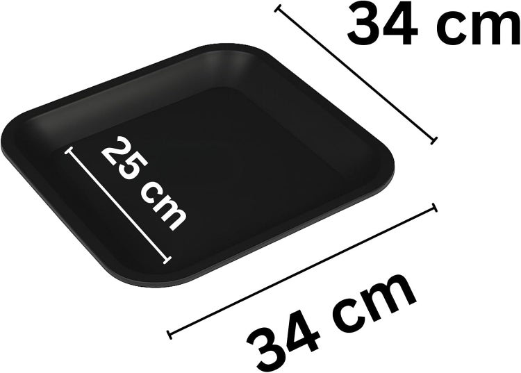 Quadratischer Untersetzer für Pflanztöpfe aus Kunststoff in Schwarz, Maße 34 mal 34 Zentimeter, Innenmaß 25 Zentimeter.
