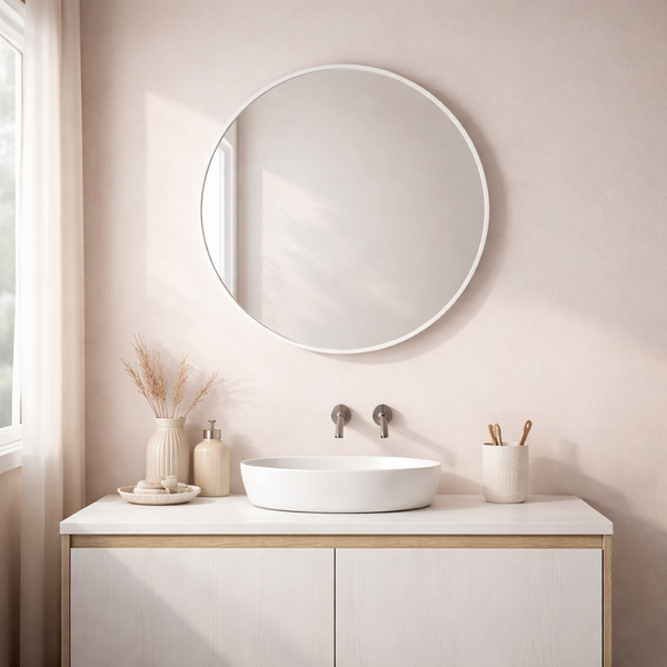 Runder Spiegel mit weißem Rahmen über einem ovalen Aufsatzwaschbecken auf einem hellen Unterschrank in einem hellen Badezimmer.