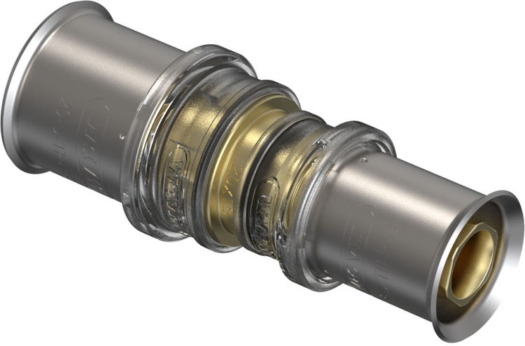 Presskupplung aus Metall und Messing für Rohrverbindungen.