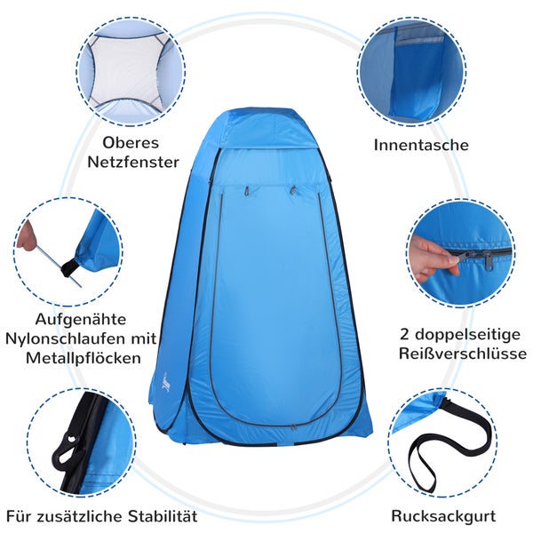 Blaues Umkleidezelt mit Netzfenster, Innentasche, Nylonschlaufen, Metallheringen, doppelseitigen Reißverschlüssen und Rucksackgurt.