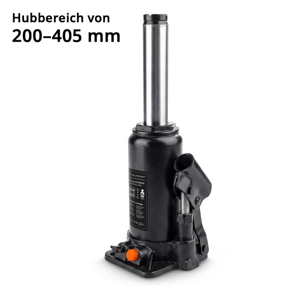 Hydraulischer Stempelwagenheber mit einem Hubbereich von 200 bis 405 Millimetern.