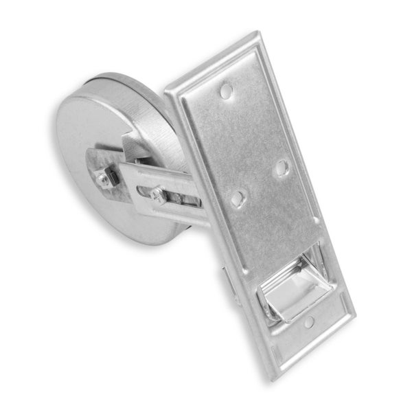 Verzinkter Riegel für Fensterladen aus Metall mit runder Montageplatte und verstellbarem Hebelmechanismus.