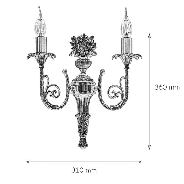 Skizze einer Wandleuchte mit zwei Lichtern, Höhe 360 Millimeter, Breite 310 Millimeter