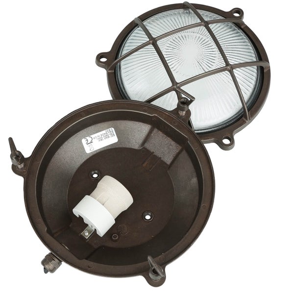 Geöffnete runde Aussenleuchte mit Gitter und Fassung