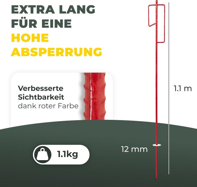 Roter Absperrstab aus geripptem Stahl mit Öse, Länge 1.1 Meter, Durchmesser 12 Millimeter, Gewicht 1.1 Kilogramm.