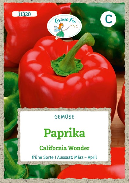 Samentüte für Paprika California Wonder, eine frühe Gemüsesorte für die Aussaat von März bis April, Grüne Fee Logo.