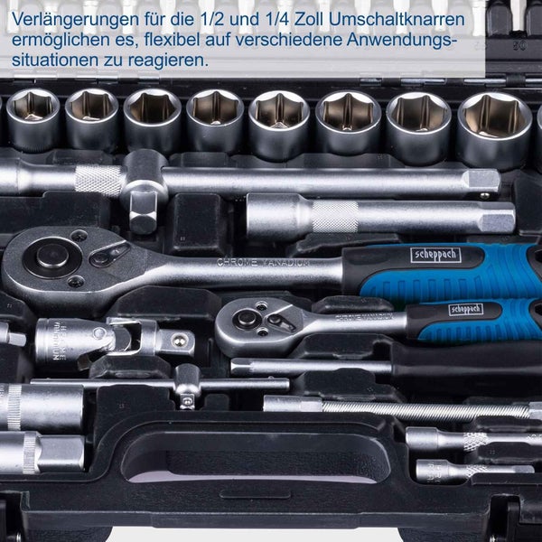 Scheppach Knarrenkasten mit Umschaltknarren und Steckschlüsseleinsätzen aus Chrom Vanadium Stahl in einem Kunststoffkoffer.