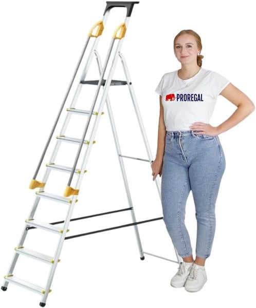 PROREGAL Stufenstehleiter ATLAS mit Werkzeugablage & Handlauf Einseitig Begehbar 8 Stufen Arbeitshöhe 3,62 m Traglast 150 kg