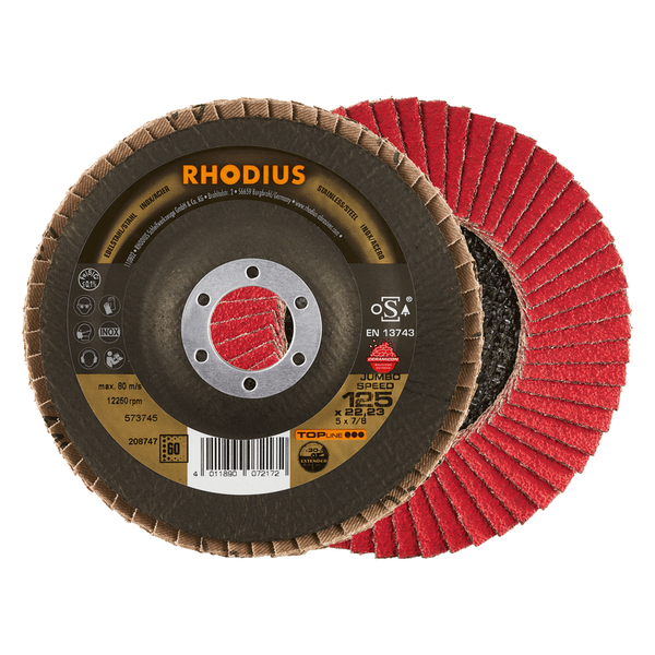 RHODIUS Fächerscheibe JUMBO SPEED, 5 Stück, 125 x 22,23 mm, Korn 60, für Edelstahl, Stahl, Metall, TOPline