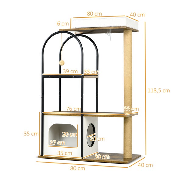 PawHut Kratzbaum 118,5 cm Katzenkratzbaum mit Kratzmatte, Katzenhöhle, Katzenbaum mit Bett, Kippschutz, Spielball, für Katzen bis 5 kg, Rustikal-Braun