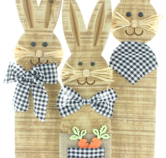FRANK FLECHTWAREN | Hasentrio Karo-Look, HOLZ, TEXTIL, BAST, 38 x 9 x 58 cm