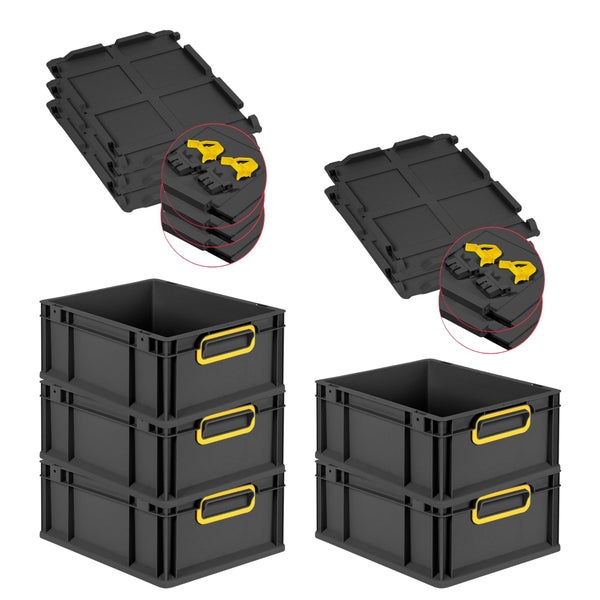 PROREGAL SuperSparSet 5x Eurobox NextGen Color mit Scharnierdeckel und Schiebeschnappverschlüssen, HxBxT 17x30x40cm, 16 Liter, Schwarz, Griffe gelb geschlossen, Eurobehälter, Transportbox, Transportbehälter, Stapelbehälter