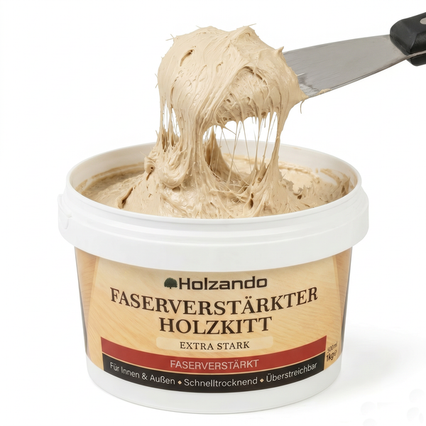 Holzando faserverstärkter Holzkitt, schnelltrocknend und überstreichbar, Spachtel entnimmt cremige Masse für Holzreparaturen im Innen- und Außenbereich.