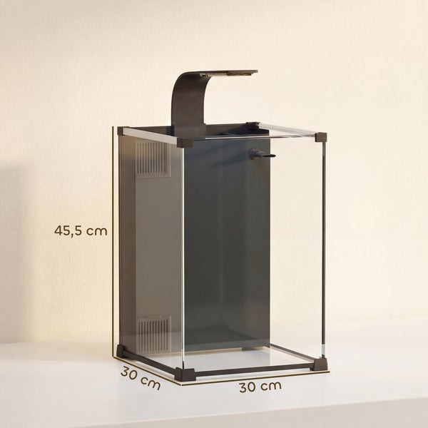 Modernes Glasaquarium mit integriertem Filter und Beleuchtung. Höhe 45,5 Zentimeter, Breite 30 Zentimeter, Tiefe 30 Zentimeter.