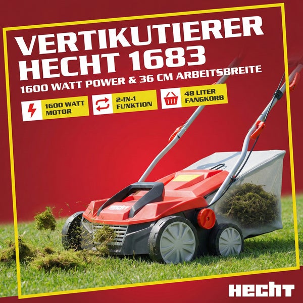 Hecht Vertikutierer 1683 mit 1600 Watt Leistung und 36 Zentimeter Arbeitsbreite
