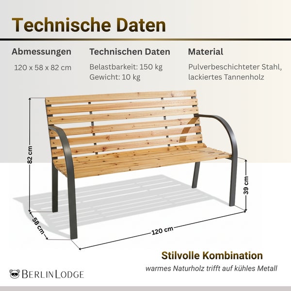 Gartenbank BerlinLodge, Stahl und Tannenholz, Maße 120 mal 58 mal 82 Zentimeter, Sitzhöhe 39 Zentimeter, Tragkraft 150 Kilogramm, BerlinLodge Logo.