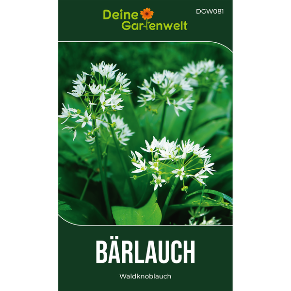 Deine Gartenwelt Logo auf einer Samenpackung für Bärlauch, auch Waldknoblauch genannt, mit Abbildung weißer Blüten und grüner Blätter.