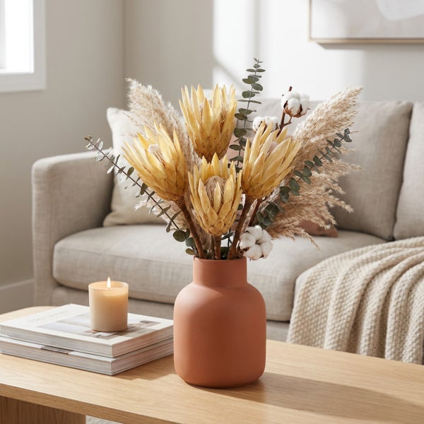 Trockenblumenstrauß mit Proteen und Baumwolle in einer matten Vase auf einem Holztisch in einem hellen Wohnzimmer mit Sofa.