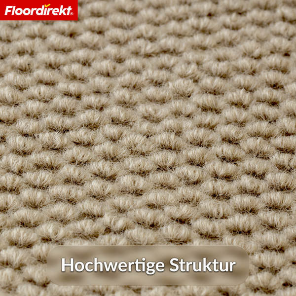 Nahaufnahme der Schlingenstruktur eines Teppichbodens von Floordirekt mit dem Text Hochwertige Struktur und dem Floordirekt Logo.