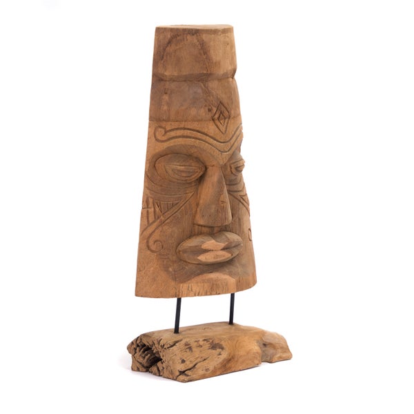 Skulptur Tiki Maske 40 cm, Massivholz geschnitzt, mit Sockel naturfarben