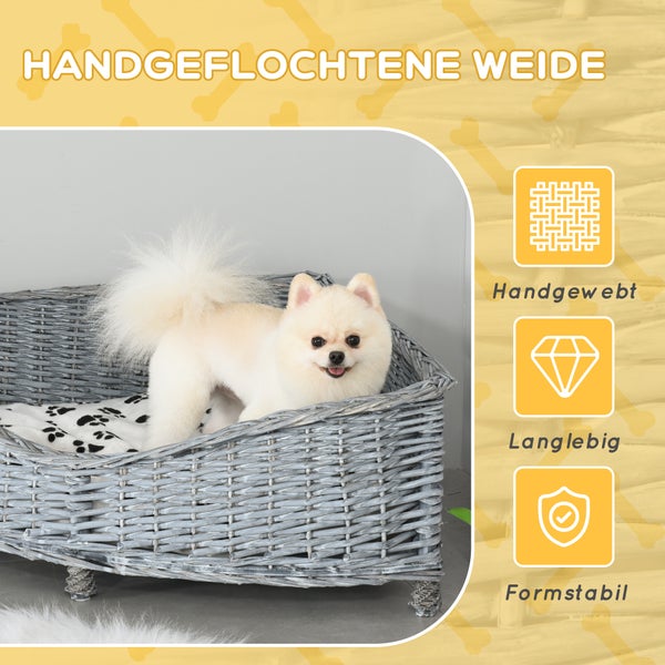 PawHut Hundesofa aus Ratten Haustierbett für kleine Katzen und Hunde Haustiersofa Katzensofa Weichem Bezug Eck Hundebett Hundecouch Weide Plüsch Grau 68 x 68 x 32 cm