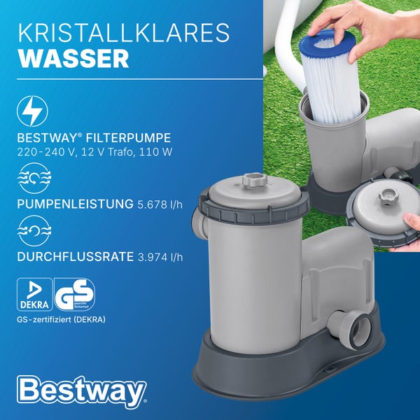 Bestway Filterpumpe für Pools inklusive Filterkartusche, Leistung 5678 Liter pro Stunde, Geprüfte Sicherheit durch DEKRA zertifiziert, Bestway Logo.