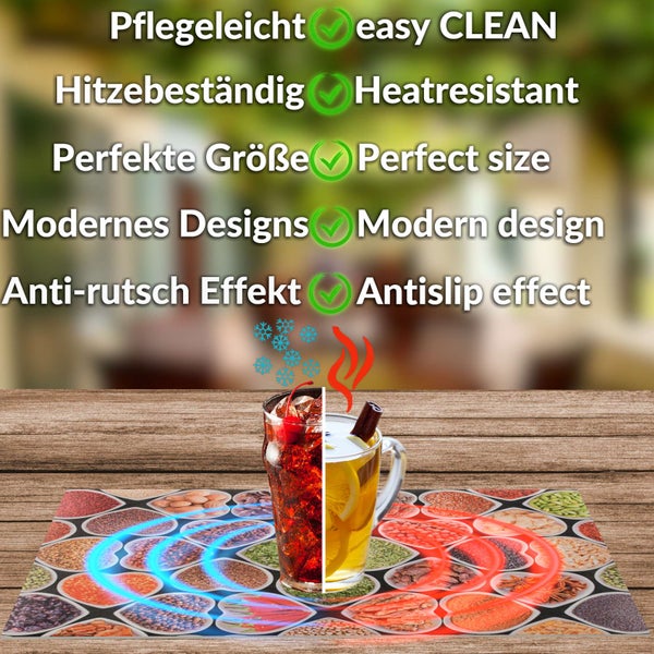 Platzset mit Gewürzmotiv, pflegeleicht, hitzebeständig, perfekte Größe, modernes Design und Anti-rutsch Effekt, mit Kalt- und Heißgetränk.