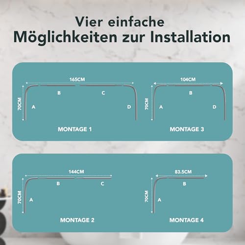 Erica Duschvorhangstange L-form & U-form - 4-in-1 System für Badewanne oder Dusche - Duschstange Ecke - Stahl mit Pulverbeschichtung - Ohne Deckenhalterung - Grau