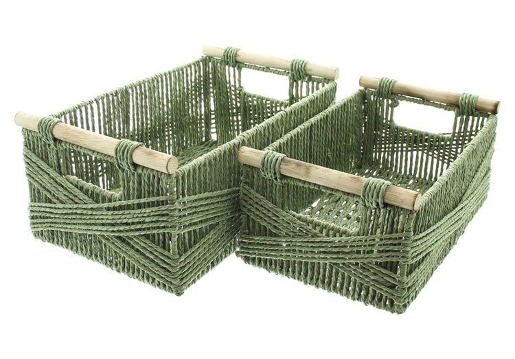 FRANK FLECHTWAREN | Füllkorb Holzgriff, 2er Set, PAPIER, METALL, 31 x 20 x 12 cm, 36 x 23 x14 cm