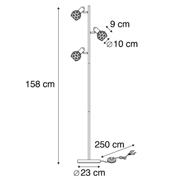 Abbildung einer Stehlampe mit den Maßen 158 cm Höhe, 23 cm Durchmesser des Fußes und 9 cm x 10 cm Lampenschirm.