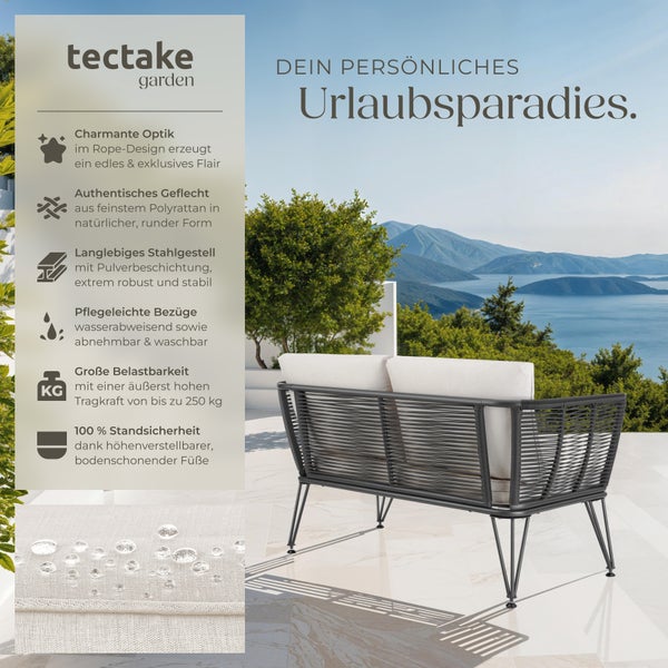 Garten-Loungesofa tectake Sundo 131 x 67 x 71 cm rundes Polyrattan im Rope-Design anthrazit