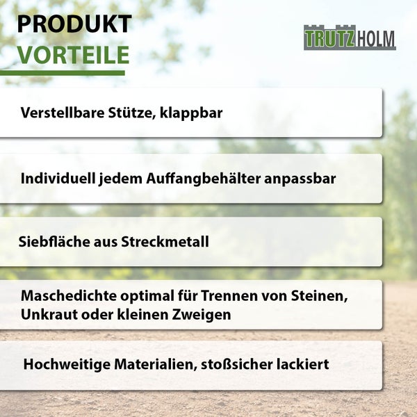 Produktvorteile des Trutzholm Durchwurfsiebes: klappbare Stütze, individuell anpassbar, Streckmetall Siebfläche und robuste Lackierung.