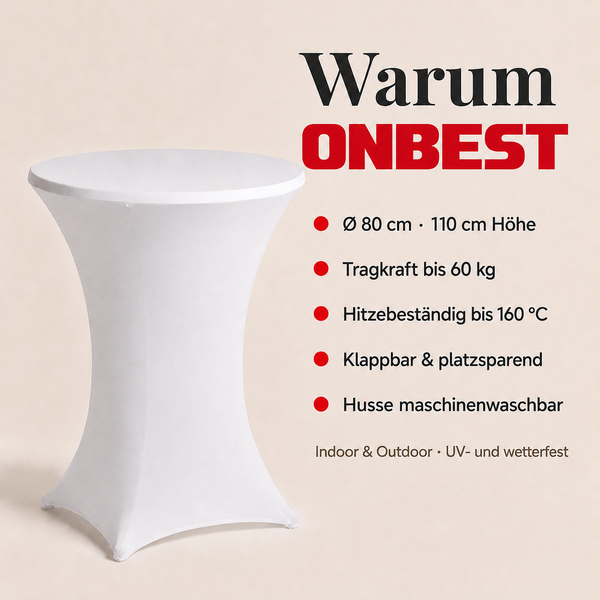 Stehtisch mit weißer Husse, Durchmesser 80 Zentimeter, Höhe 110 Zentimeter, Tragkraft 60 Kilogramm, hitzebeständig 160 Grad Celsius, waschbar.