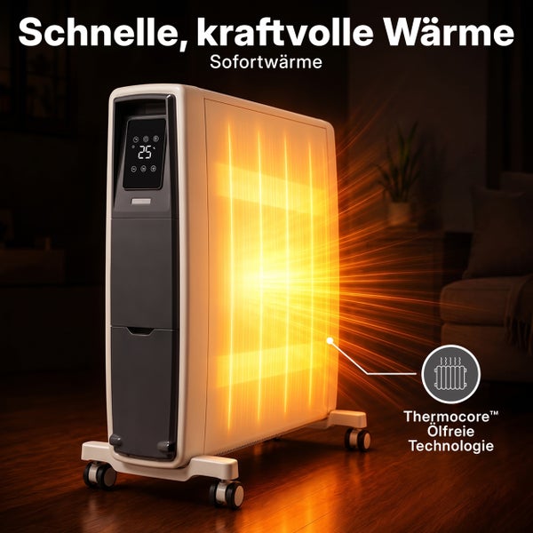 Mobiler Elektroheizkörper mit Thermocore Technologie für schnelle und ölfreie Wärme mit digitalem Bedienfeld in einem Wohnraum.
