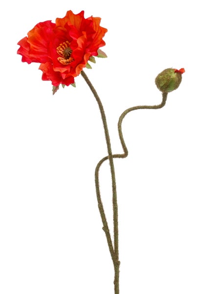 Künstlicher Mohn mit einer roten Blüte und einer Knospe an strukturierten Stielen.