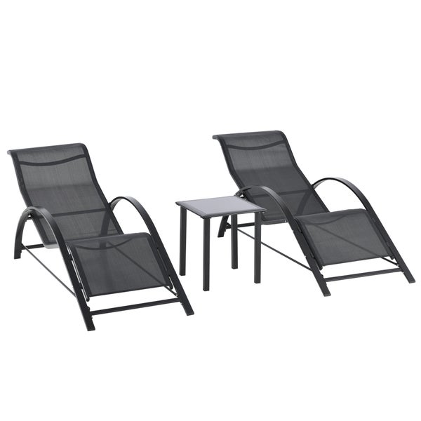 Outsunny 3-tlg. Gartenliege mit 2 Sonnenliegen, 1 Beistelltisch, 59L x 169B x 66H cm, Metall, Mesh, Schwarz
