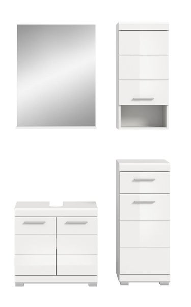 Weißes Badezimmermöbel-Set bestehend aus Spiegel, Waschbeckenunterschrank, Hängeschrank und Beistellschrank mit silbernen Griffen.