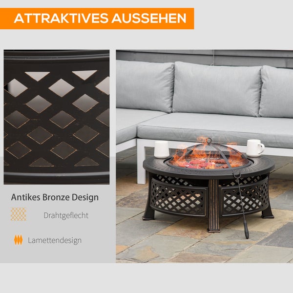 Outsunny Feuerschale mit Schürhaken, rund, für Garten, Camping BBQ,  81 x 81 x 50 cm, Stahl, Schwarz