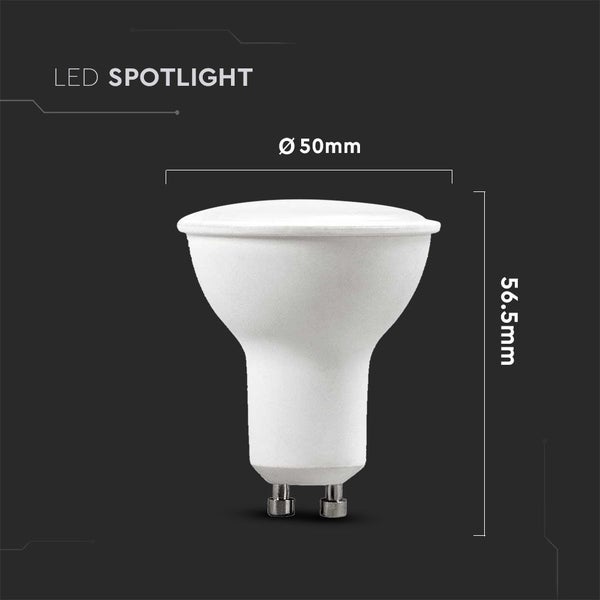 Weißer LED Spotlight mit Abmessungen: Durchmesser 50 Millimeter und Höhe 56,5 Millimeter.